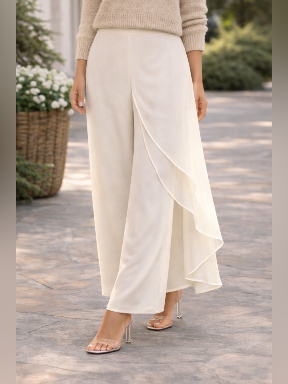 VTG Lillie Rubin, Elegant Silk Palazzo Pants, White,SINGLE Layered Leg, Size 10